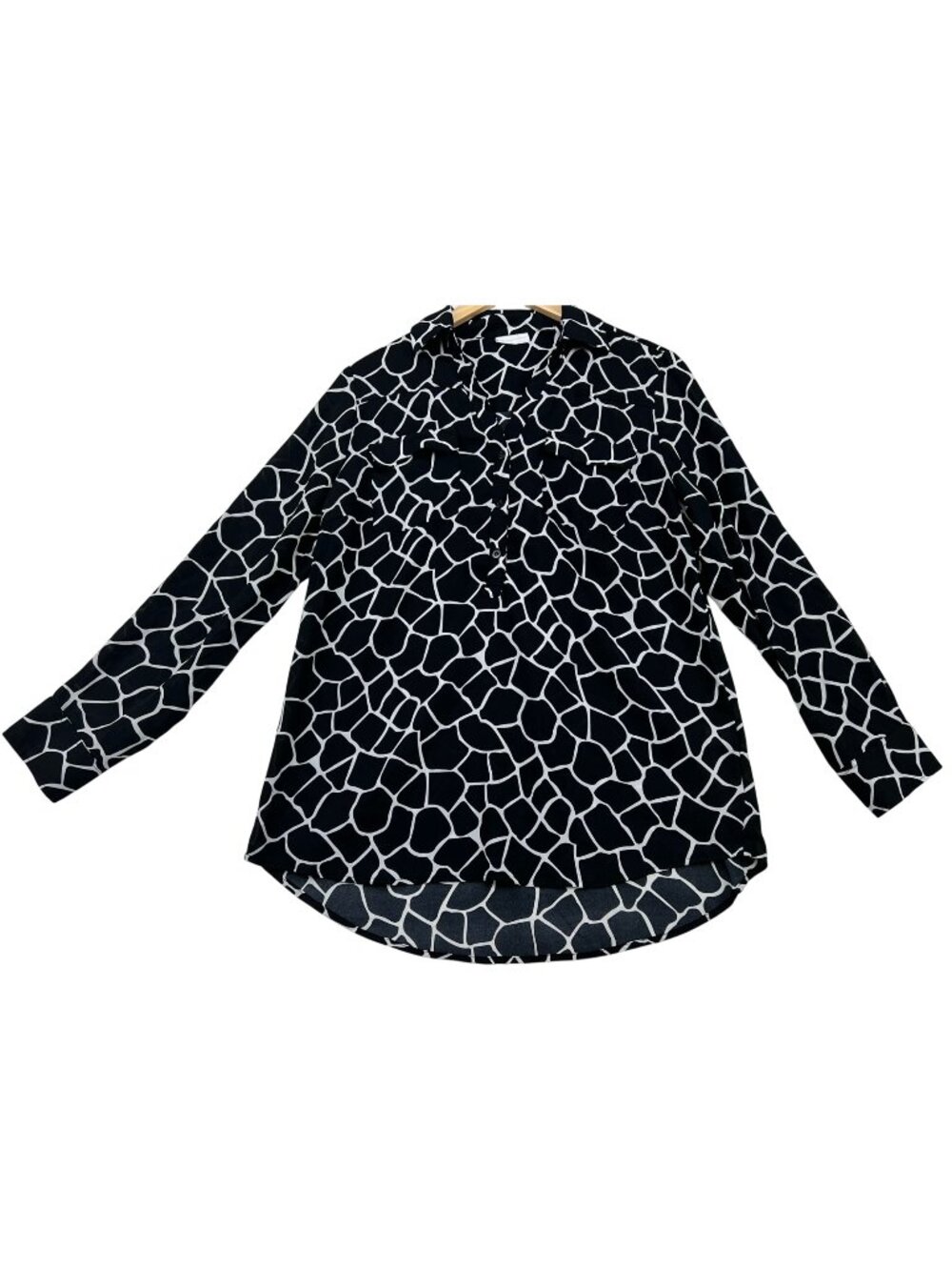 New York & Company Women's Button Up Blouse Long Sleeve Sz L Black White Giraffe